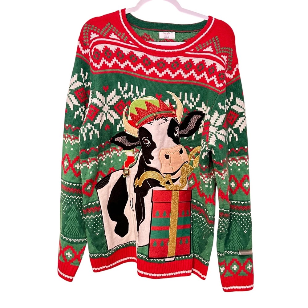 Holiday Time Women's L 42-44 Cow Ugly Christmas Sweater Gift Green Red